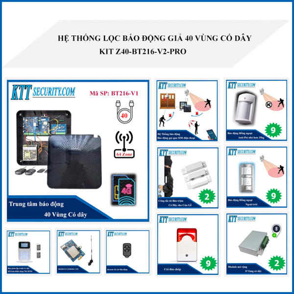 Hệ thống báo động 40 vùng có dây KIT Z40-BT216-V2-PRO