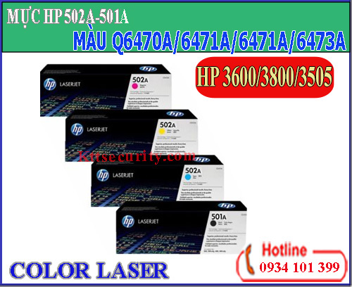 Mực HP laser màu 502A-501A[Q6470A-Q6471A-Q6472A-Q6473A]dùng cho máy HP 3505/3800/3600